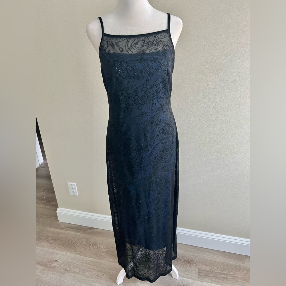 Y2K Formal Maxi Dress Blue Black Velvet Trim Sparkly Medium